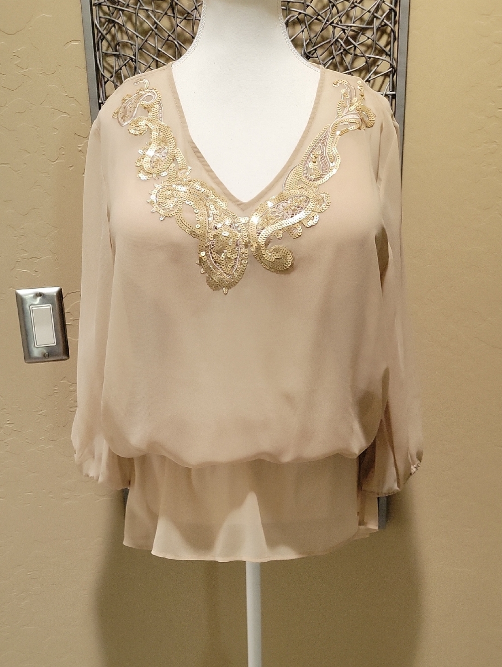 Chico's Sequin V-Neck Sheer Peplum Elastic Waist Blouse in Gold